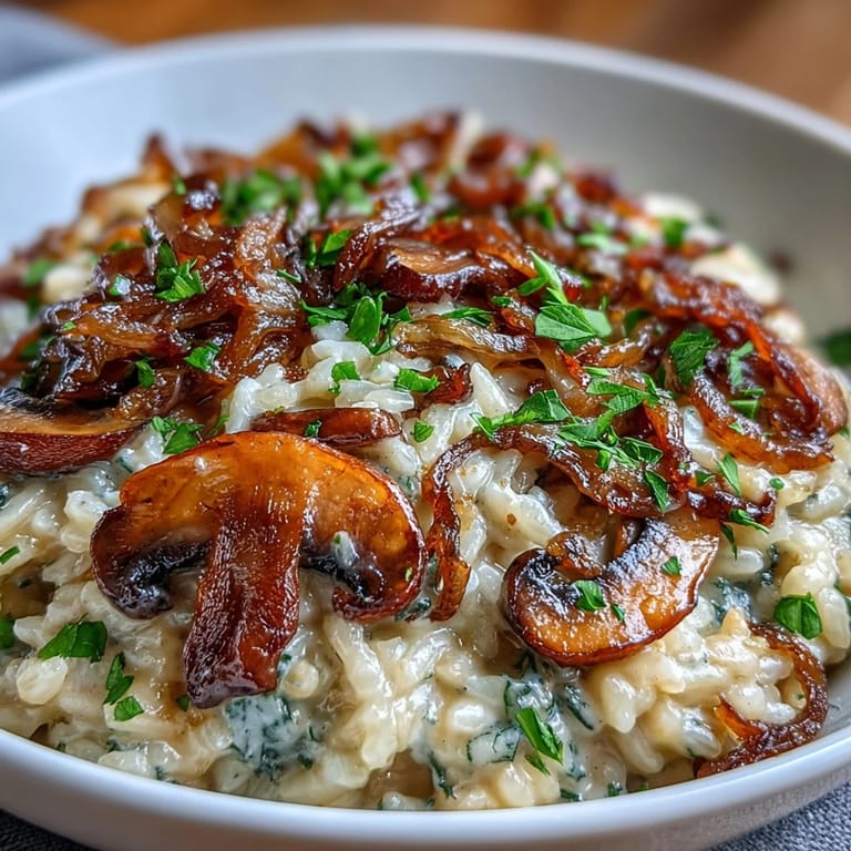 Warm, comforting bowl of risotto with golden onions, sautéed mushrooms, and creamy Parmesan finish.