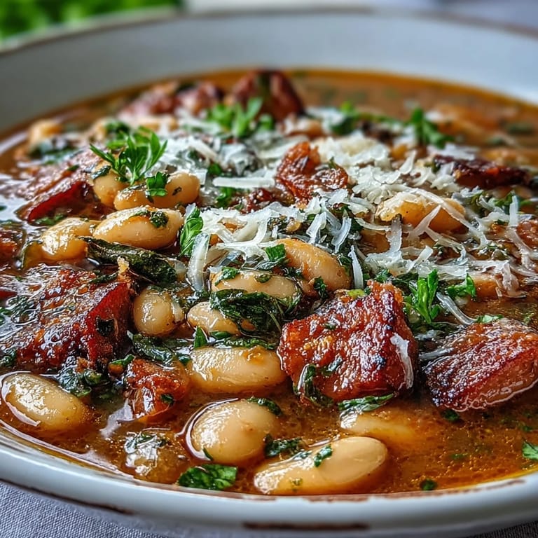 Creamy cannellini beans and diced ham simmered with carrots, celery, and tomatoes in a rich, aromatic Italian stew perfect for cold weather comfort.