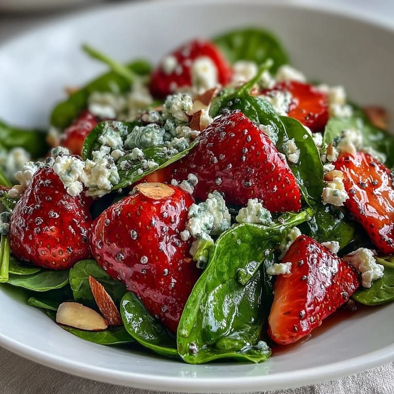 Delicious spinach strawberry salad with poppy seed dressing, featuring sweet fruit, savory feta, and toasted nuts in every bite.