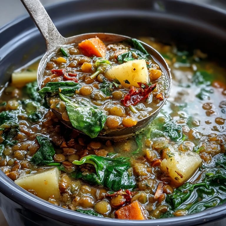 Creamy green lentil stew featuring sweet carrots, diced potatoes, and fresh little sprout greens simmered to perfection.  