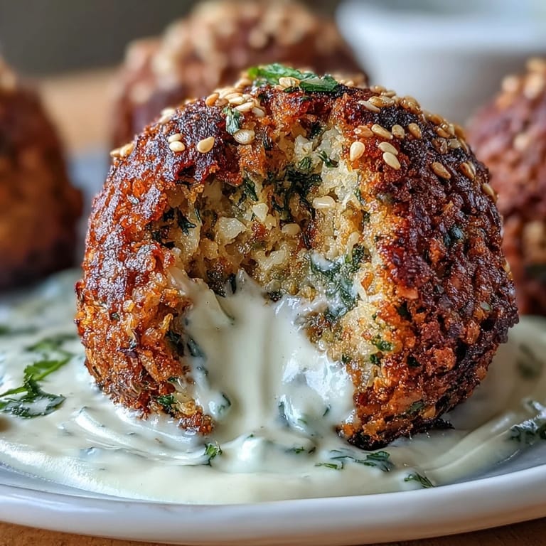 Golden falafel balls made lighter in the air fryer, drizzled with creamy green tahini sauce.  