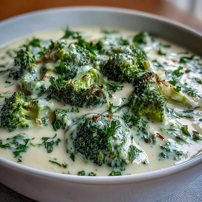 A comforting bowl of lightened broccoli cheddar soup with Greek yogurt, featuring tender broccoli florets and a velvety texture.  