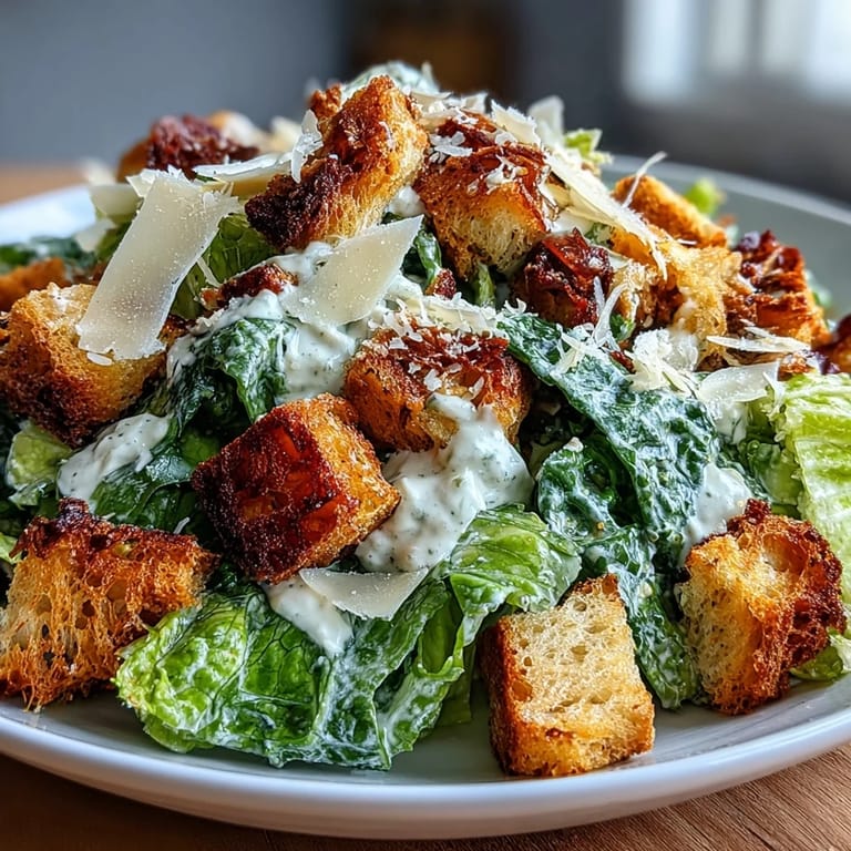 Golden garlic sourdough croutons add irresistible texture to this homemade Caesar salad with rich Parmesan dressing.  