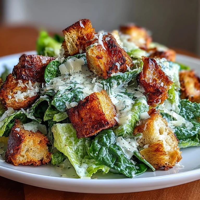 A vibrant Caesar salad with crisp romaine, shaved Parmesan, and crunchy sourdough croutons tossed in tangy homemade dressing.