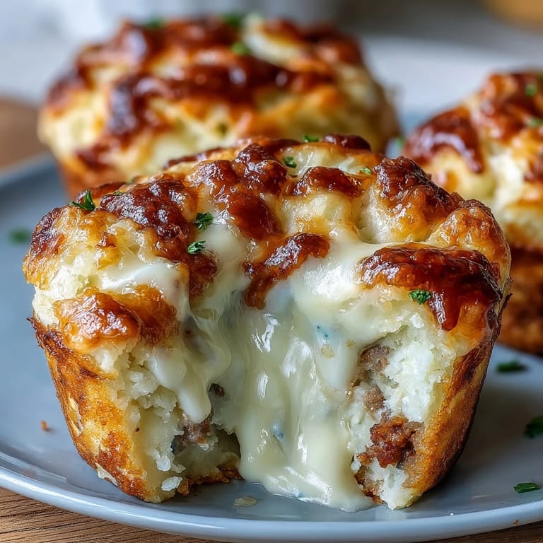 Golden mini shepherds pies baked in muffin tins, featuring savory ground beef and vegetables topped with creamy mashed potatoes.