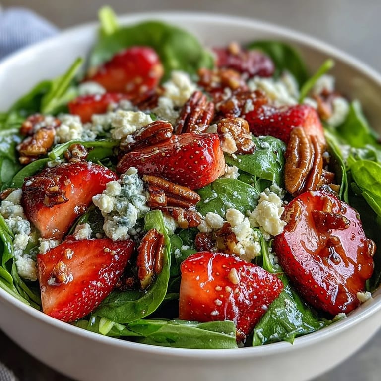 Colorful spinach and strawberry salad topped with crunchy pecans, drizzled with tangy poppy seed dressing, ideal for spring and summer entertaining.