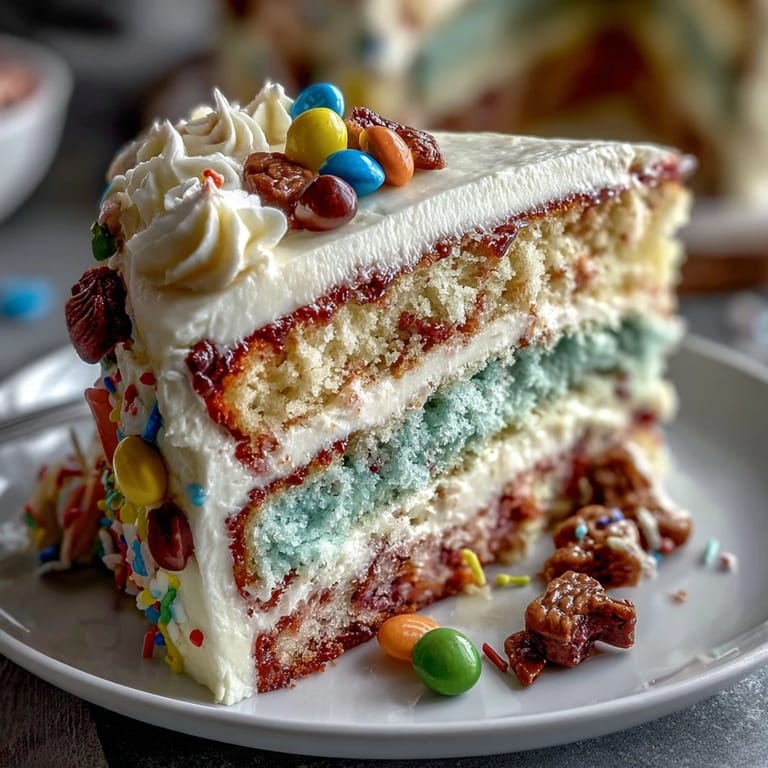 Festive dessert features rainbow cake layers and candy center, ideal for Cinco de Mayo gatherings.