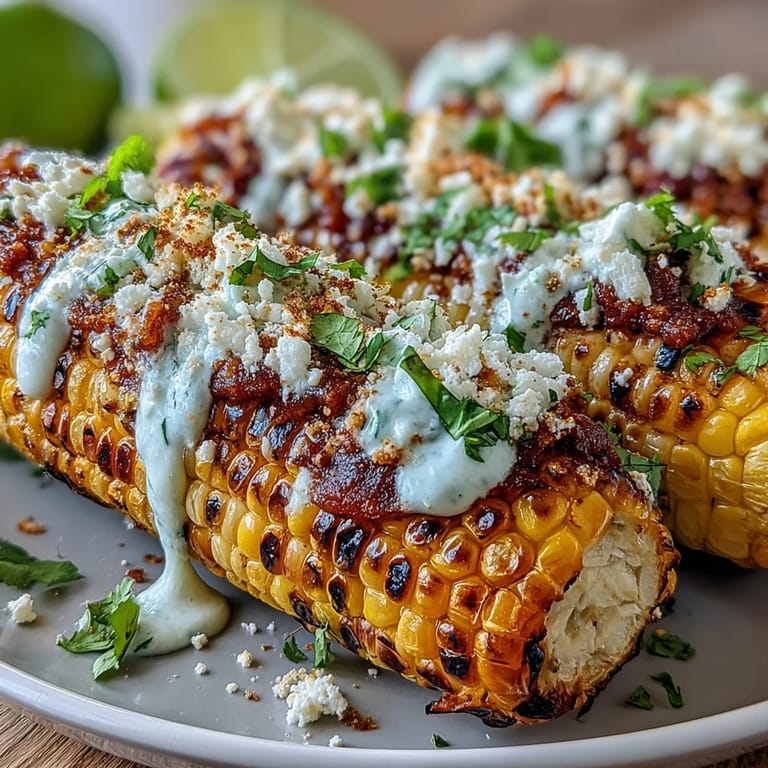 Elote-style grilled corn shines with charred texture, rich creamy sauce, fresh cilantro, and a dusting of chili for authentic flavor.