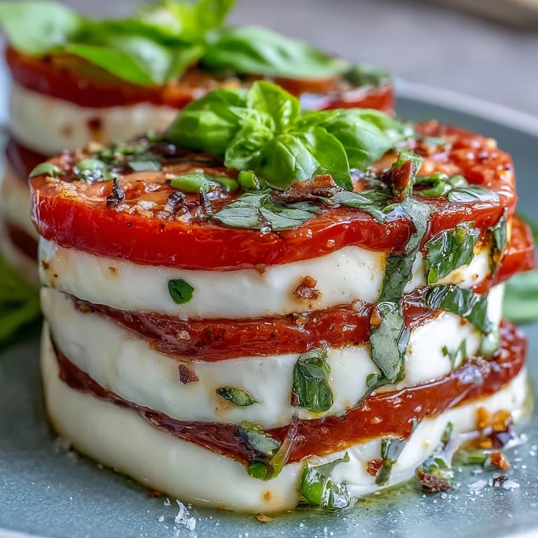 Vibrant Caprese salad with basil oil drizzle, showcasing alternating slices of juicy tomatoes and soft mozzarella, garnished with whole basil leaves.