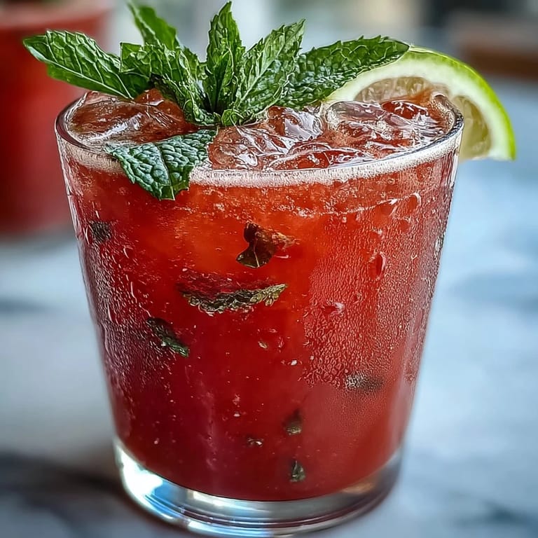 Chilled watermelon mint lemonade served with ice and watermelon wedges on a sunny table.