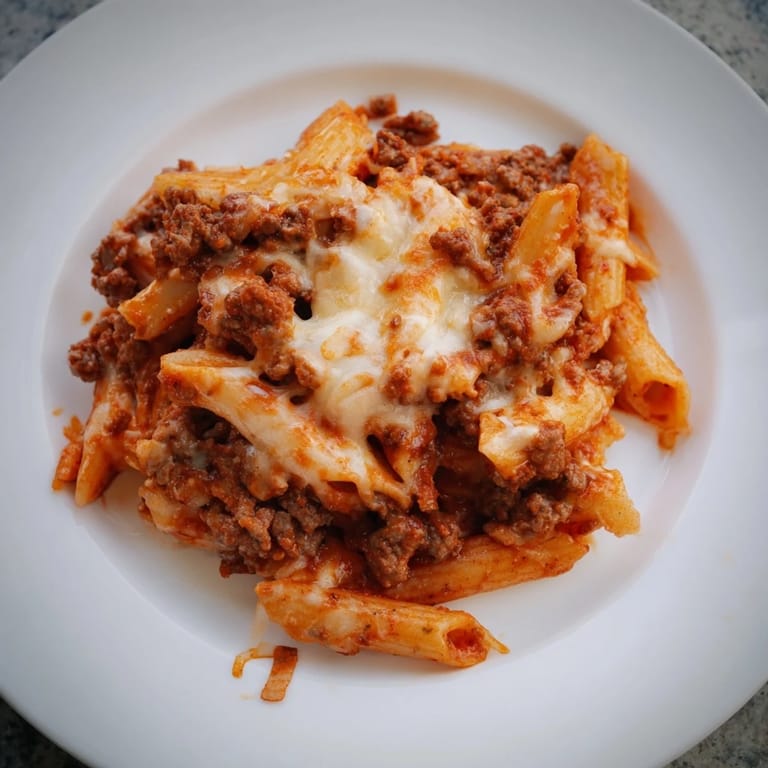 A close-up shot of a cheesy, bubbling Cheesy Beef & Penne Bake, ready to serve with steam rising.