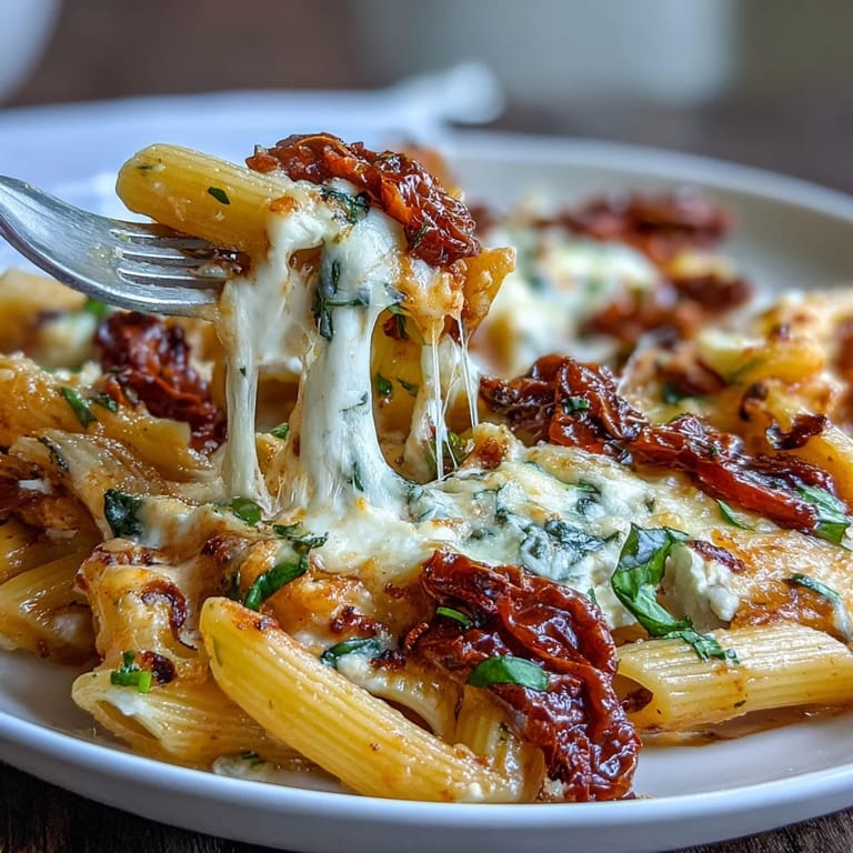 Cheesy vegetarian pasta bake loaded with sun-dried tomatoes, fresh spinach, and creamy ricotta, baked until bubbly and golden.