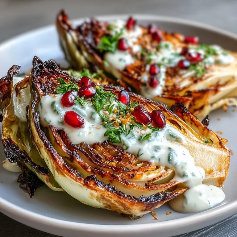 Tender charred cabbage wedges served with tangy tahini dressing, bright parsley, and juicy pomegranate arils for a vibrant, healthy dish.