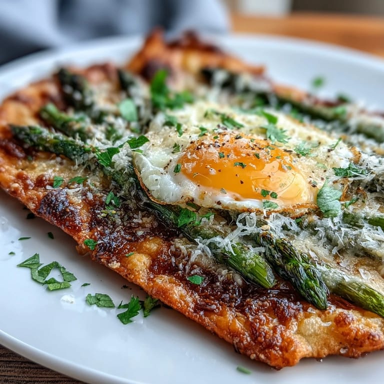 Crispy flatbread loaded with asparagus spears, a soft baked egg, and a sprinkle of parmesan cheese for a savory brunch or light dinner.