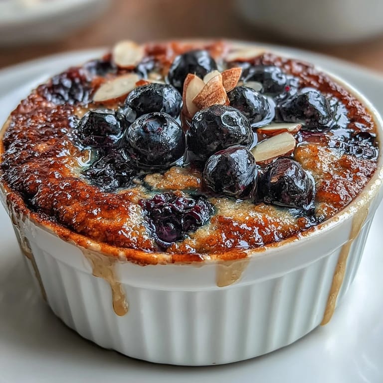 Golden-brown baked oats topped with fresh blueberries and crunchy nuts, perfect for a healthy, satisfying morning meal.