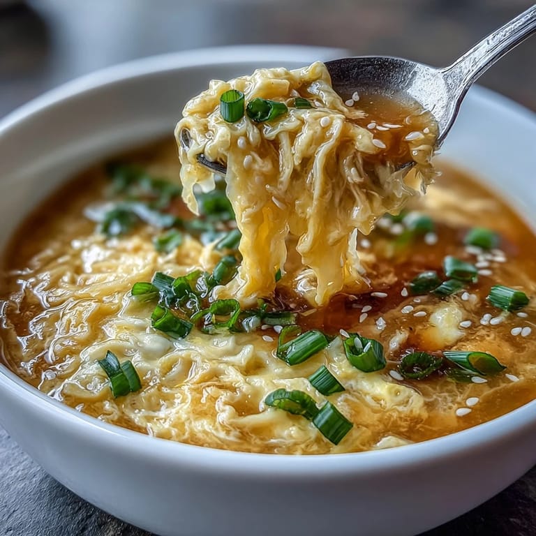 Comforting Chinese-style egg drop soup served in a white bowl, showcasing delicate egg strands in golden broth.