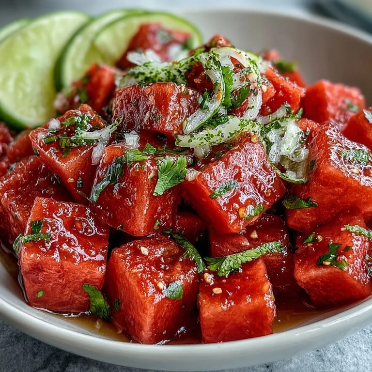 Colorful watermelon cucumber salad tossed with zesty Tajin and fresh lime, offering a crisp and tangy flavor in every bite.  