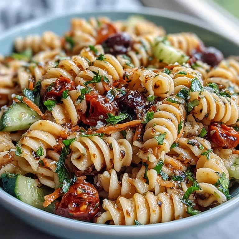 Vibrant tri-color rotini pasta salad bursting with crisp cucumbers, juicy tomatoes, and bell peppers tossed in zesty Italian dressing for a refreshing side dish.