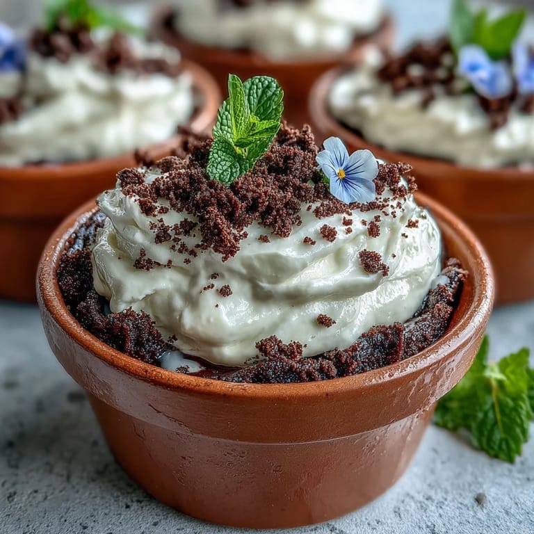 Whimsical dessert of moist brownies served in terracotta pots, frosted and covered in Oreo crumb soil, adorned with colorful edible flowers.