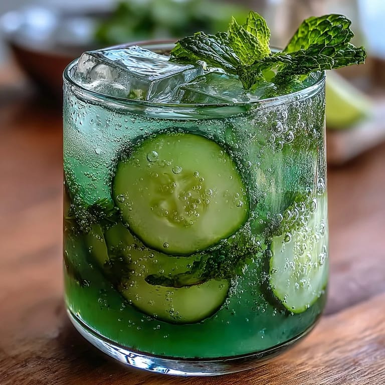 Vibrant Sparkling Cucumber Mint Lemonade Mocktail with ice and garnish.