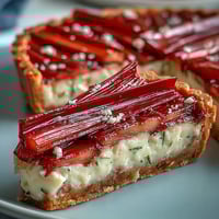 Close-up of a Rhubarb, White Chocolate, and Elderflower Tart with a crisp golden crust and roasted rhubarb batons.
