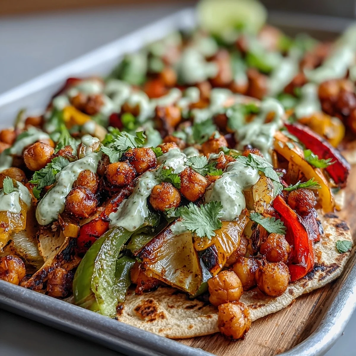 Vibrant sheet pan fajitas loaded with rainbow veggies and chickpeas, drizzled with creamy guacamole yogurt sauce.  