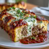 Italian meatloaf with mozzarella, baked in rich marinara sauce and topped with melted cheese, served hot from the oven.  