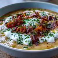 Creamy baked potato soup with tender russet potatoes, crispy bacon, and melted cheddar in a rich, velvety broth.