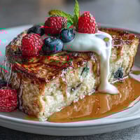 A warm, fluffy baked protein pancake bowl topped with fresh berries and chocolate chips, perfect for a high-protein breakfast.  