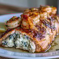 Decadent Crab and Shrimp Stuffed Salmon with creamy spinach filling, baked until flaky and topped with Cajun-spiced shrimp for a restaurant-worthy dinner.