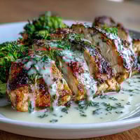 Grilled chicken and broccoli bowls topped with rich creamy garlic-Parmesan sauce, perfect for a keto dinner.  