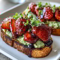 1. Galentine's brunch avocado toast with strawberries and balsamic glaze, topped with fresh basil for a sweet and tangy twist.