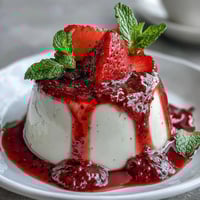 Silky vanilla panna cotta topped with vibrant strawberry sauce, garnished with fresh berries and mint leaves.