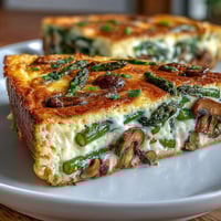 Golden asparagus and mushroom frittata baked over a crisp sourdough crust, perfect for spring brunch or a light dinner.  