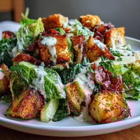 Crispy sourdough croutons top a classic Caesar salad with creamy dressing and fresh romaine for a satisfying crunch.  