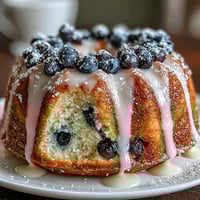 Mini lemon blueberry sourdough bundt cakes with golden crust and vibrant glaze, topped with fresh blueberries and lemon zest for a bright, tangy dessert.