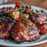 Sticky honey garlic chicken pineapple skillet with juicy thighs, caramelized pineapple, and bell peppers in a savory-sweet glaze.