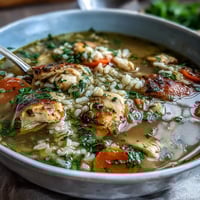 A steaming bowl of One-Pot Healthy Chicken and Rice Soup with tender chicken, fresh vegetables, and fluffy rice in a savory broth.