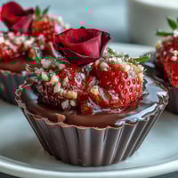 Luxurious Dubai chocolate cups filled with fresh strawberries and topped with fragrant pistachio crunch and rose petals.