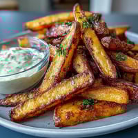 Crispy air fryer sweet potato fries with garlic aioli, golden and seasoned with smoked paprika for a healthy snack.  