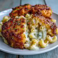 Baked mac and cheese with a golden, crunchy panko topping, bubbling with creamy cheddar and Monterey Jack cheeses.