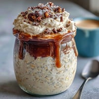 Creamy vanilla bean frappuccino overnight oats layered in a jar with coffee and whipped cream for a decadent, dessert-style breakfast treat.