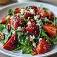 Fresh strawberry spinach salad with poppy seed dressing, bursting with juicy berries and creamy feta, perfect for a light lunch or side dish.