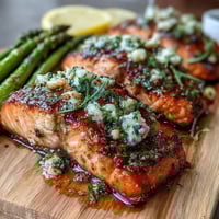 Garlic Butter Salmon with Asparagus in a vibrant, roasted dish with tender fillets and crisp green spears drizzled in golden garlic butter sauce.