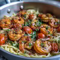 Vibrant one-pot garlic shrimp with angel hair pasta, tossed with fresh vegetables and a zesty lemon sauce.