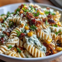 Creamy Mexican street corn pasta salad with charred corn and cotija cheese in a tangy lime dressing.