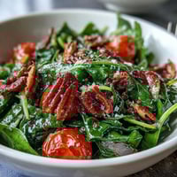 Dandelion Greens Salad with Lemon Vinaigrette and Parmesan, topped with cherry tomatoes, pine nuts, and shaved cheese for a fresh, vibrant dish.
