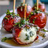 Caprese Skewers with Pesto Drizzle on a white platter, featuring cherry tomatoes, mozzarella balls, and fresh basil, drizzled with vibrant green pesto for an elegant appetizer.