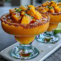 Frozen mango margarita mocktail in a salt-rimmed glass, garnished with lime and mango slices, served on a sunny patio.