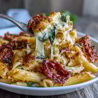 Baked pasta with sun-dried tomatoes, spinach, and melty mozzarella in a rich tomato sauce, topped with golden Parmesan crust.